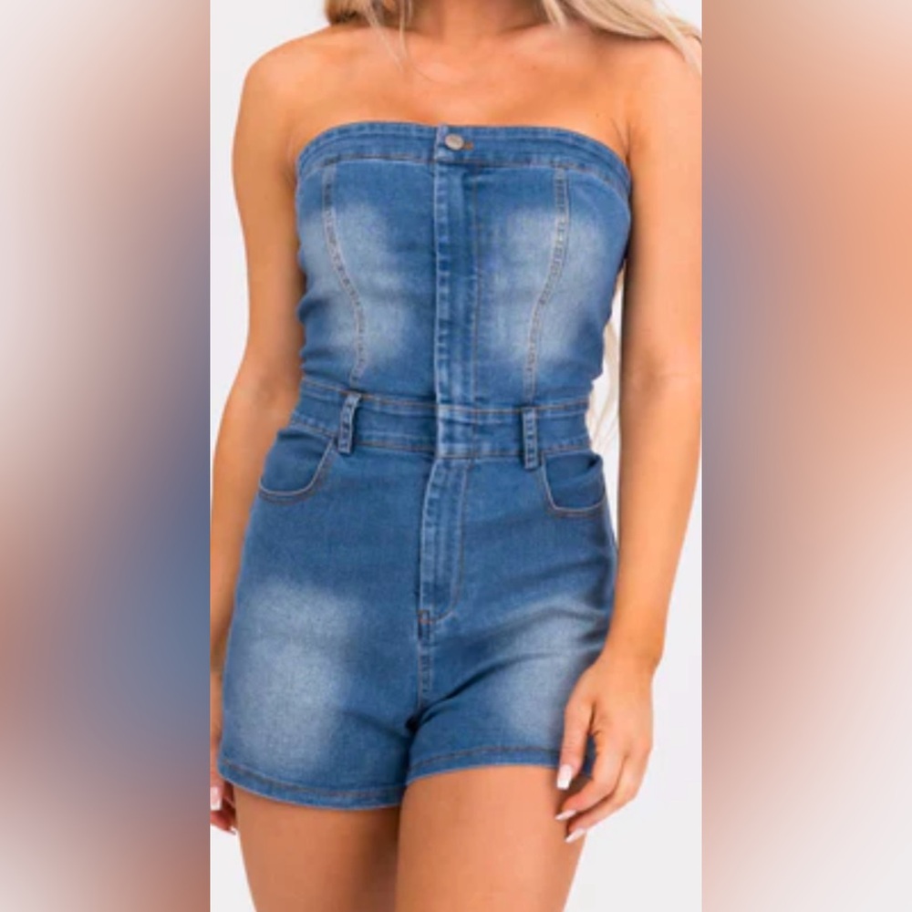 Medium Wash Denim Strapless Zip Up Romper